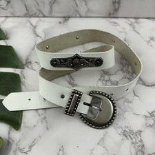 Womens Vintage 90s Leather Belt Size S White Tin Silver Medallions Western