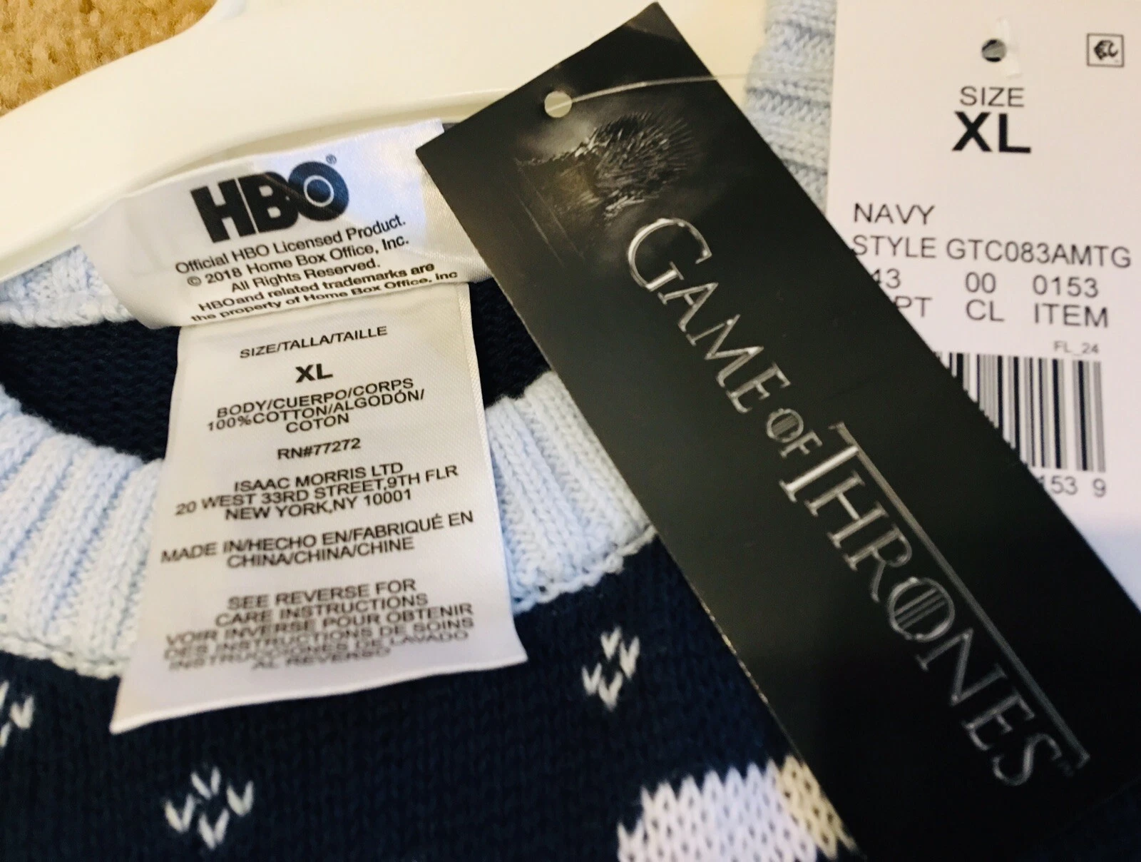 Game of Thrones Size XL Ugly Christmas Sweater Deck The Wall HBO Navy Blue