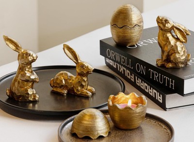 Easter Decorations for Home-3pcs Gold Bunny Figurines & 2pcs Easter Eggs & 2pcs 