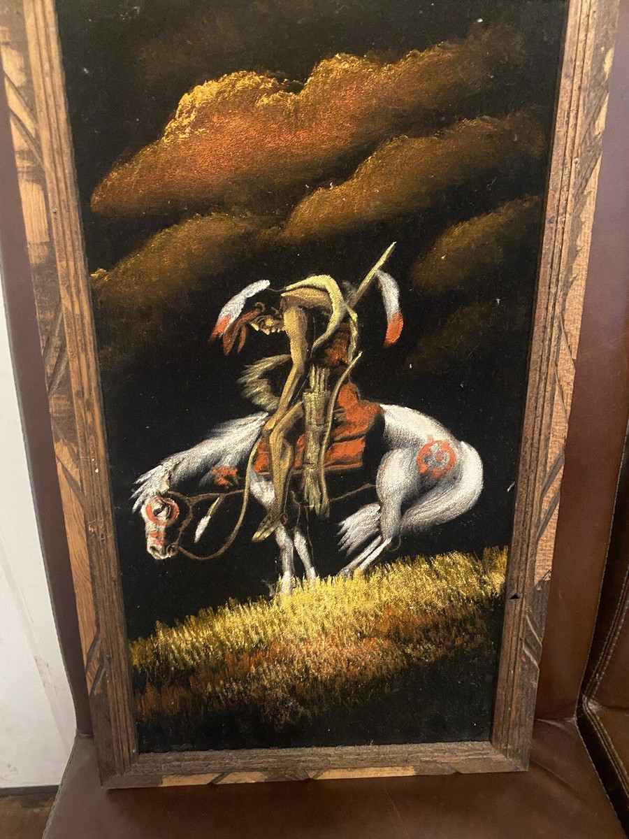 70s ネイティブアメリカン インディアン ベルベットペインティング ベルベット Vtg 70's Velvet Painting Native American Warrior Horseback “End Of