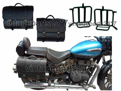 Royal Enfield Meteor 350cc Echtleder schwarz Satteltaschen-Paar mit Halterung