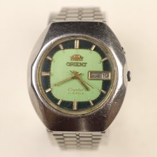 Vintage Orient Crystal 21J Automatic 0S469C19IB Green Dial Day Date Watch, Works