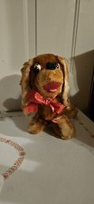 VINTAGE 1960s Cocker Spaniel Plush Puppy Brown-eyed Happy Red Ribbon...