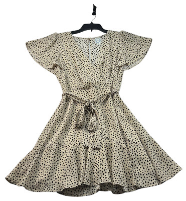 Blue Rain Dress Womens Size Medium Tan Black Dots Short Sleeve Crossover Belted