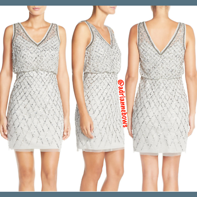 NWT Adrianna Papell Beaded V-Neck Blouson Sheath Dress in Silver [SZ 4 ]  #N381 | eBay