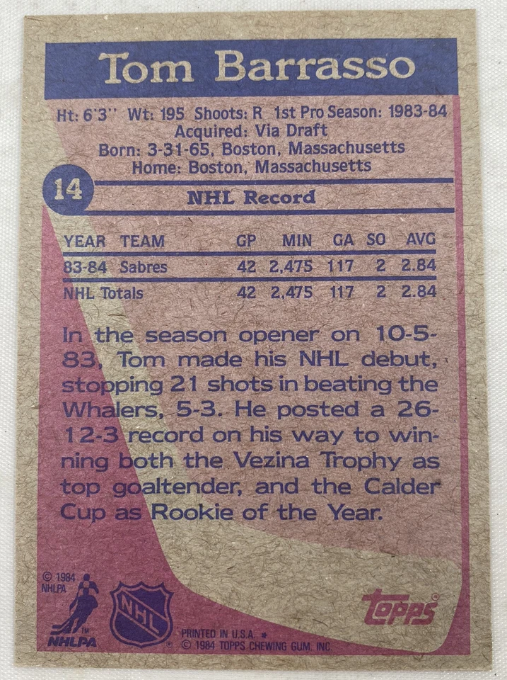 1984-85 Topps - #14 Tom Barrasso Rookie Card - NHL Trading Card - MINT CONDITION - Image 4 of 4