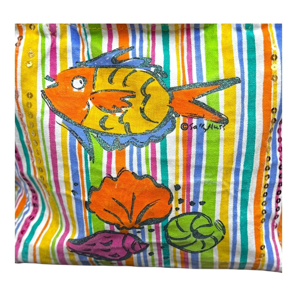 Bolso Grande Colorido Caprichoso Peces Tropicales Playa Sally Huss Y2K Rayas LEER Foto 2 de 4