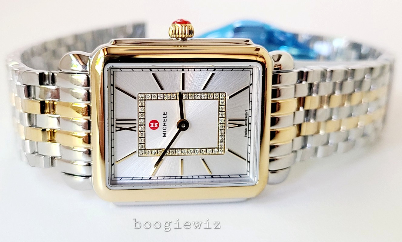 MICHELE SWISS  DECO II DIAMOND SILVER FACE  2 TONE DRESS WATCH, MWW06x000037 NIB