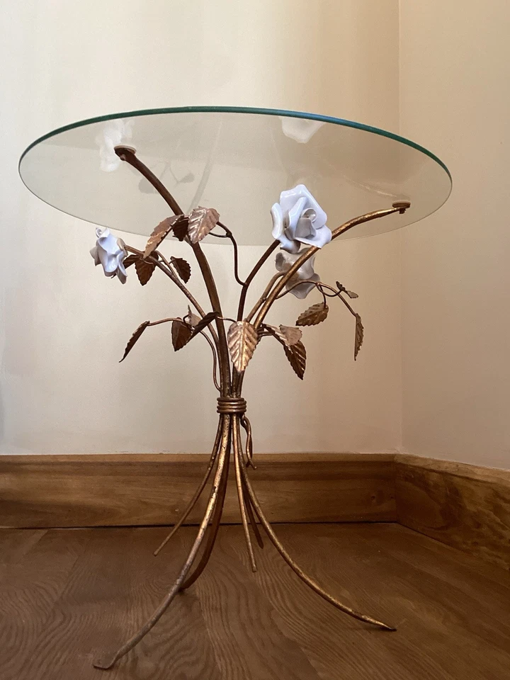 Mesa auxiliar vintage Hollywood Regency oro rosa metal dorado vidrio italiana victoriana Foto 2 de 4