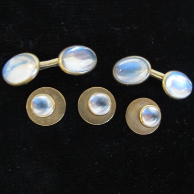Antique Art Deco 14K GOLD MOONSTONE CUFFLINKS + 3 STUDS - Cabochon Moonstone Set