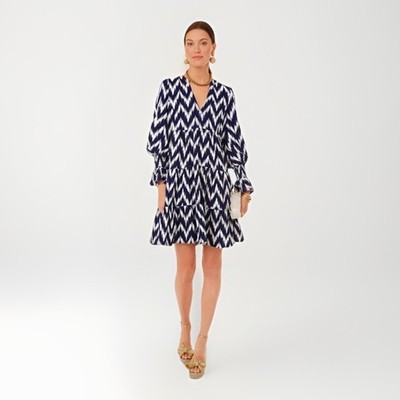 Pomander Place Navy Ikat Kenzo Dress Size Large Tiered Mini Swing New With Tags
