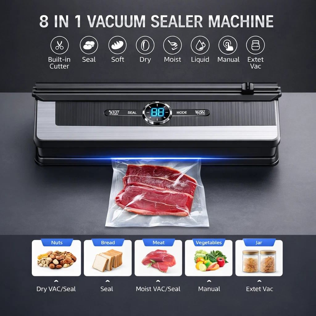 Vacuum Sealer Machine - 8 in 1 Food Food Modes with 15Pcs Seal Bags Kit (Black)