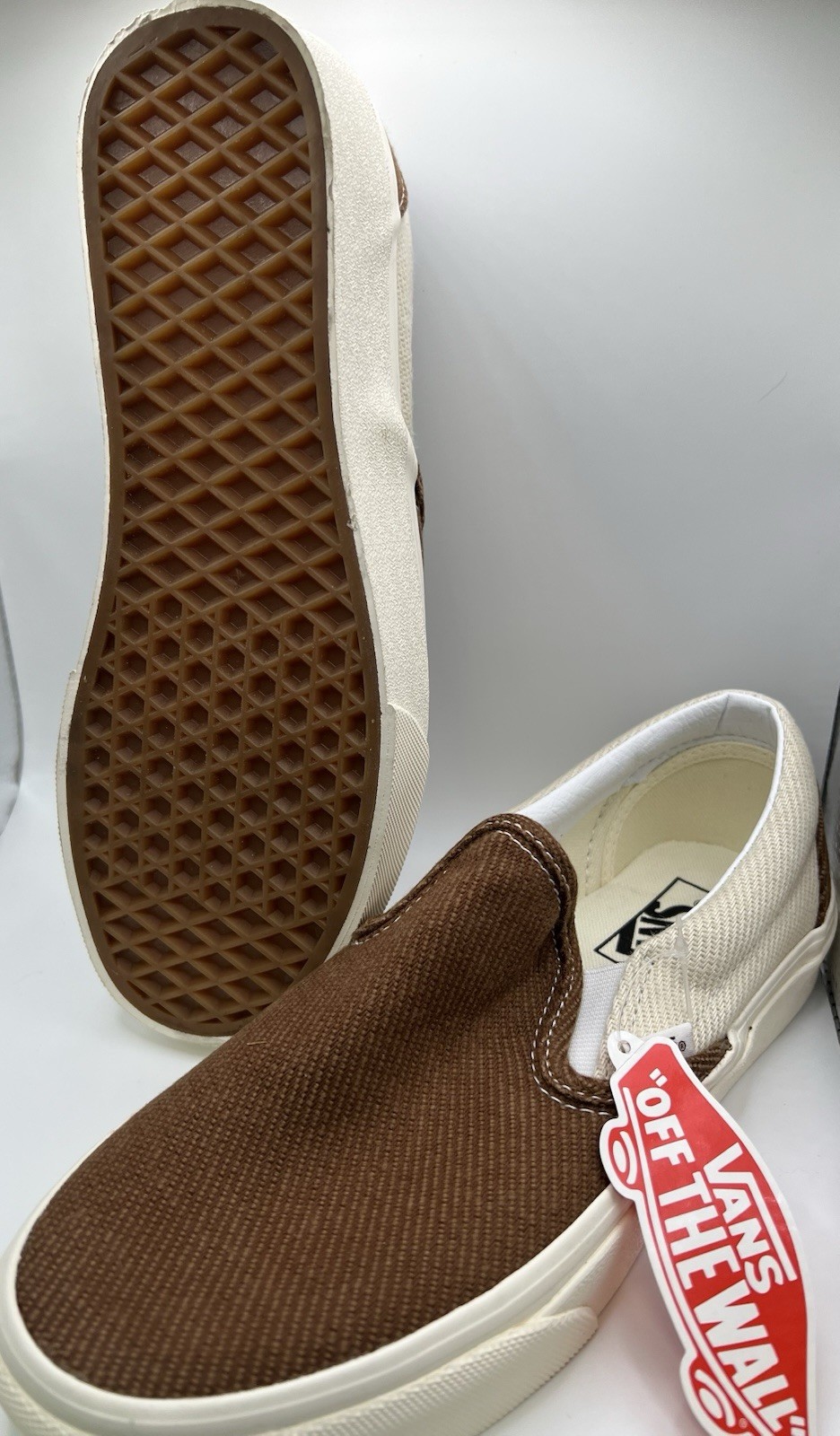 VANS Classic Slip-On Men's Brown White Canvas Shoes Comfort Lightweight Skate
