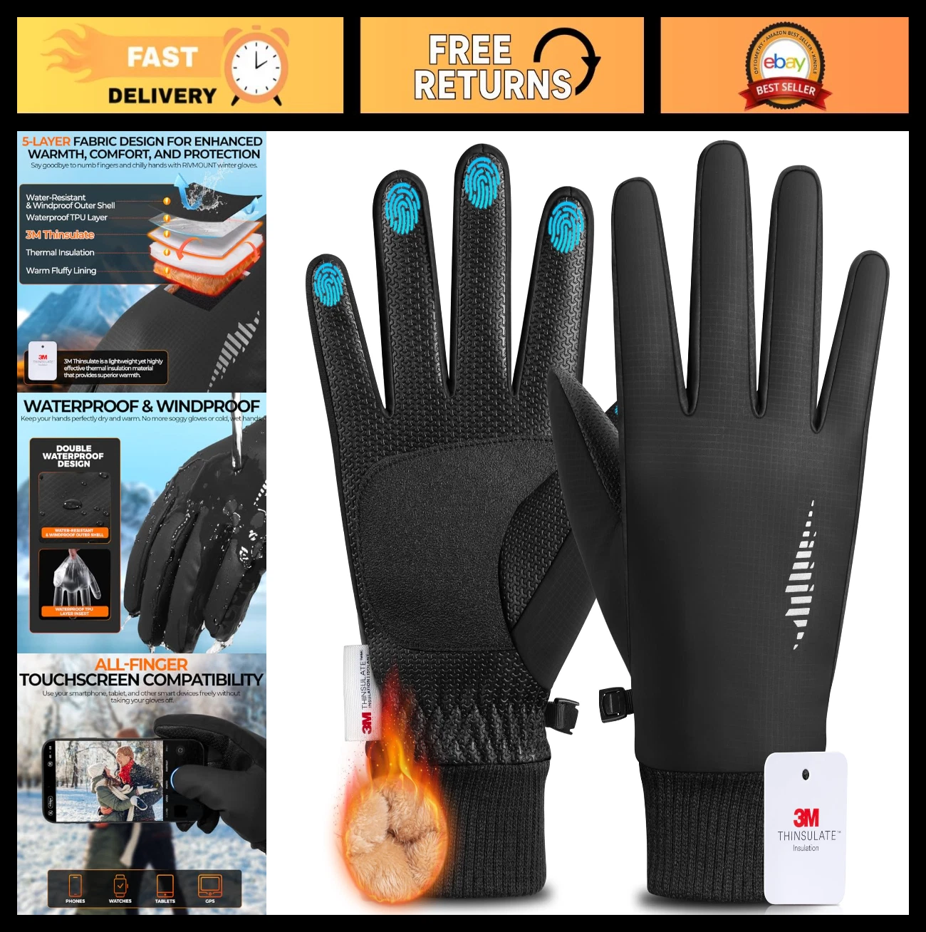 Winter Gloves for Men & Women - 3M Thermal Waterproof Touchscreen Ski Snow Gear,