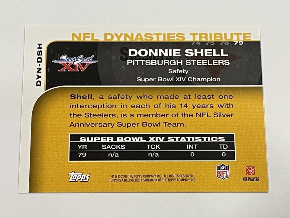 2008 Topps Football NFL Dynasties Tribute - Donnie Shell - Pittsburgh Steelers - Image 2 of 2