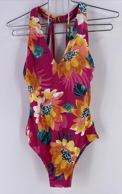 Kona Sol Woman Small Swim Bathing Suit One Pc Pink Multi Floral Open Back