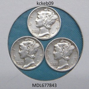 Mercury dime lot of 3, 1943-P, 1944-P, 1945-P.  90% silver coins