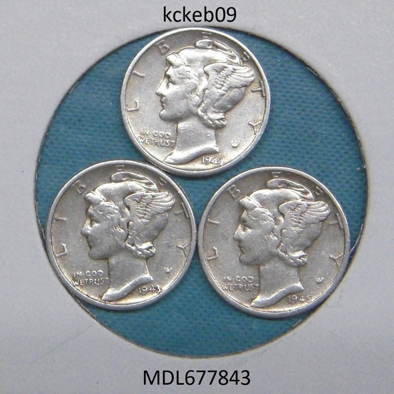 Mercury dime lot of 3, 1943-P, 1944-P, 1945-P.  90% silver coins