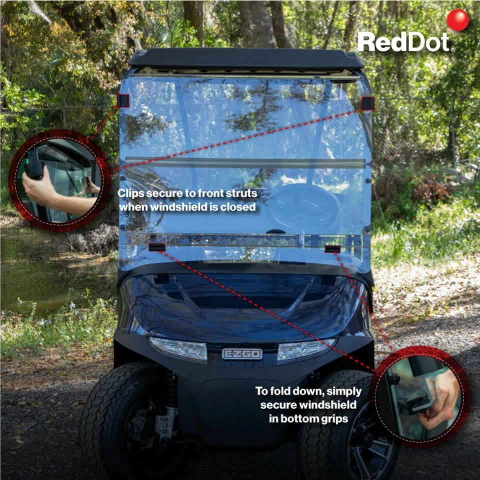 Parabrisas plegable para carro de golf RedDot 1/4" para EZGO RXV con tapa moldeada - transparente Foto 2 de 4