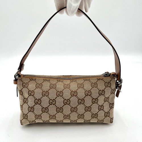 GUCCI GG Canvas Accessory Pouch Handbag Beige Brown Shoulder Bag Auth #A491