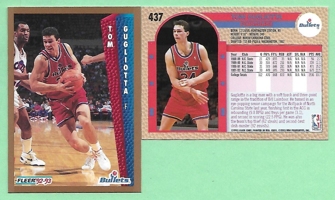 1992/93 Fleer Basketball TOM GUGLIOTTA RC #437 N.C. State/Washington Bullets👍