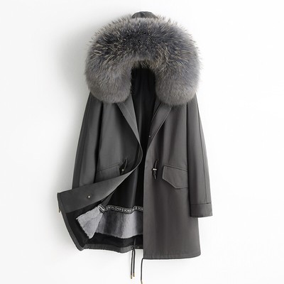 Warm Detachable Real Fox Fur Collar Rex Rabbit Fur Lined Men Mid Long Coat Parka
