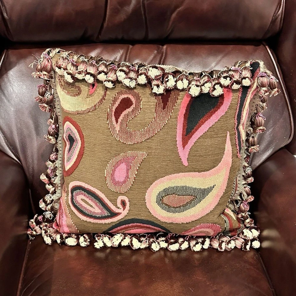 Custom Woven Throw Pillow Down Insert Feather Tassels Paisley Earthy 16"x 16" - Image 3 of 4