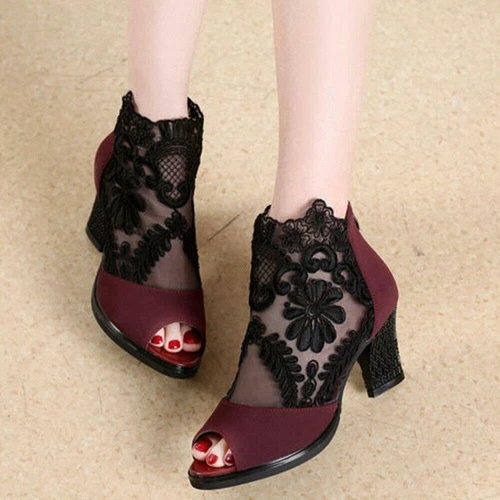 Womens Breathable Lace Ankle Boots Peep Toe Mid Block Heels Sandals Roman Shoes - Picture 8 of 19