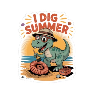 I Dig Summer Dinosaur Sticker   Cute Paleontology Beach Vinyl Decal for Kids