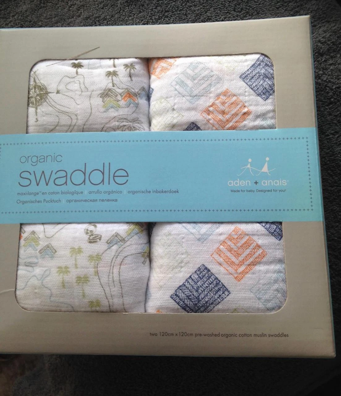 2 ADEN & ANAIS 100% ORGANIC Cotton Muslin SWADDLES 120x120 cm WARRIOR FIN New
