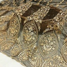 Vintage Gold Embroidery Lace Fabric Floral Mesh Tulle Fabric Bridal Dress DIY