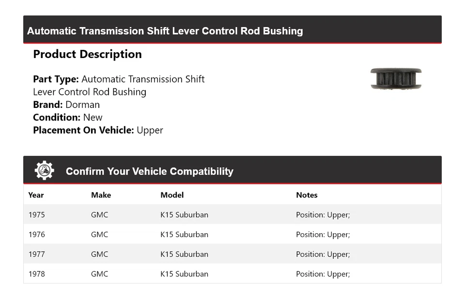 适用于 1975 - 1978 年 GMC K15 Suburban Dorman AT Shift 杠杆控制杆衬套上部 — 第 2/4 张图片