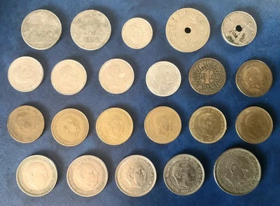 ESPAÑA. FRANCO. LOTE 22 MONEDAS DIFERENTES. CON FECHAS Y ESTRELLAS COMPLETAS. - Imagen 1 de 2