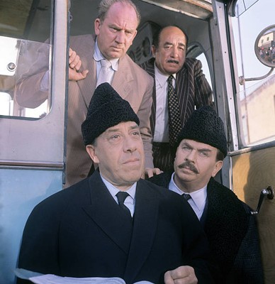 Fernandel and Gino Cervi beside a bus in Don Camillo in Moscow 1965 Old Photo 1