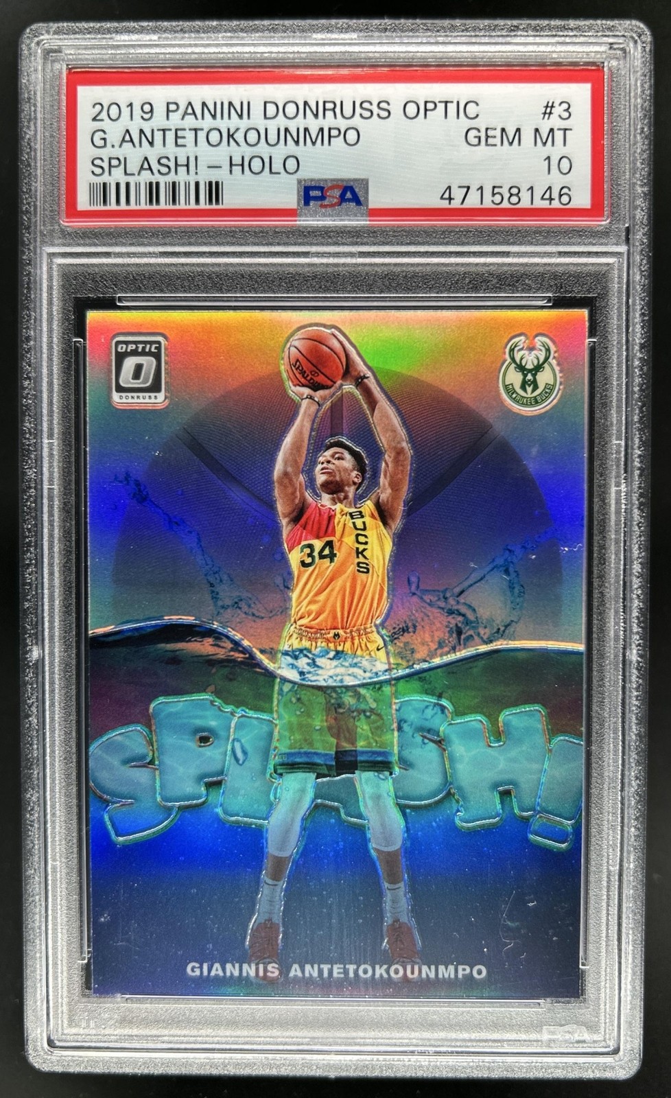 2019-20 Panini Donruss Optic Giannis Antetokounmpo Splash! Holo #3 Bucks PSA 10