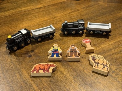 Imaginarium Wooden Black Engines w/Flatbed cars Thomas Brio Compatible + People