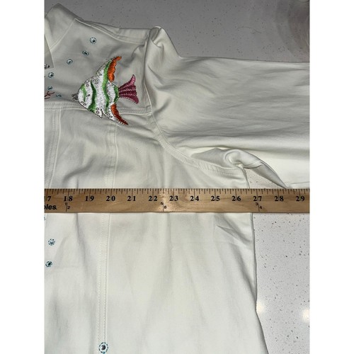 Quacker Factory Embroidered Jacket 2 XL White Fish Sequins Sea Tropical Beach - Picture 8 of 10
