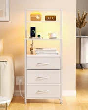 Night Stand, White Bedside Nightstand with 4-Tier Shelves and 3 Fabric Drawer...