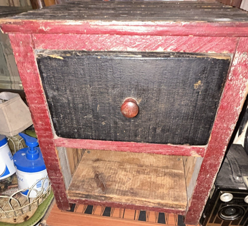 Primitive Wooden Side Table with one Drawer, Red Black Brown Rustic Finish