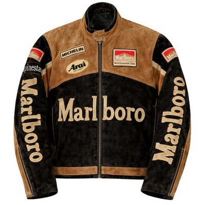 Marlboro Racing Leather Jacket Men Suede Biker Motorcycle Cafe Racer Moto Coat