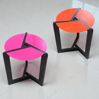Pair of Postmodern Metal And Wood Round Dot Side Tables Pink Orange 18 H x 15 W