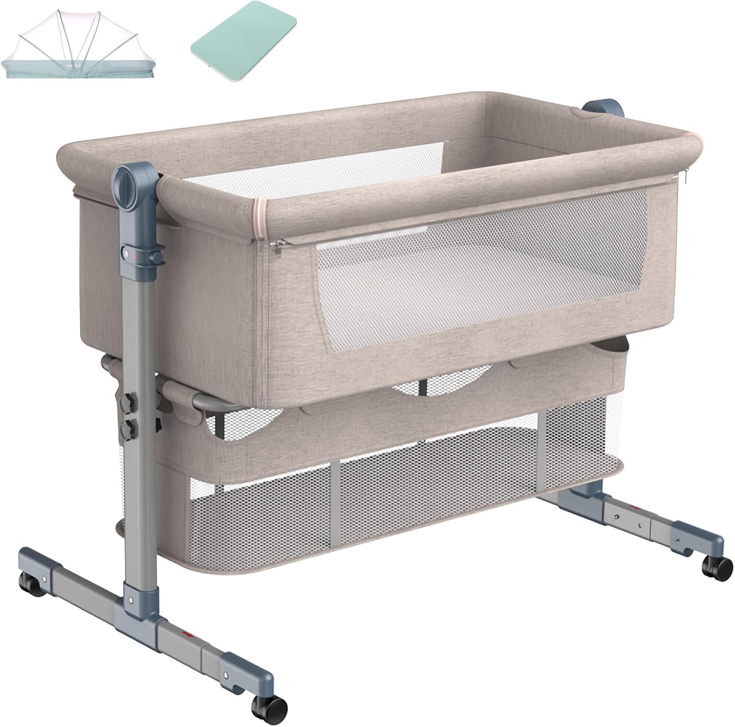 3in1 Baby Bedside Crib Foldable Travel Bassinet with Mattress & Storage Brown-image