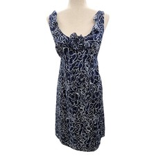 Ann Taylor Navy Blue White Floral Cotton Ruffle Sheath Dress Womens 6 Side Zip