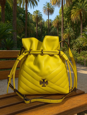 NEW Tory Burch Kira Chevron Limone Yellow Leather Mini Bucket