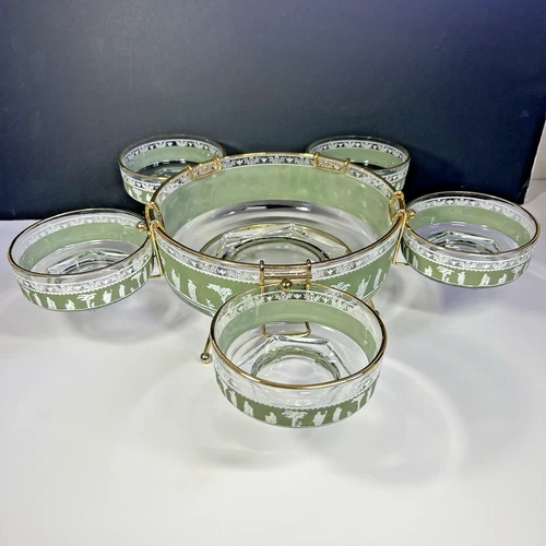 Jeanette Wedgewood Jasperware Hellenic Green Salad Set with Wire Caddy Gold Tone