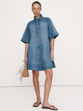 BANANA REPUBLIC Denim Trapeze Mini Shirt Dress XS | Medium Wash #873354 NEW