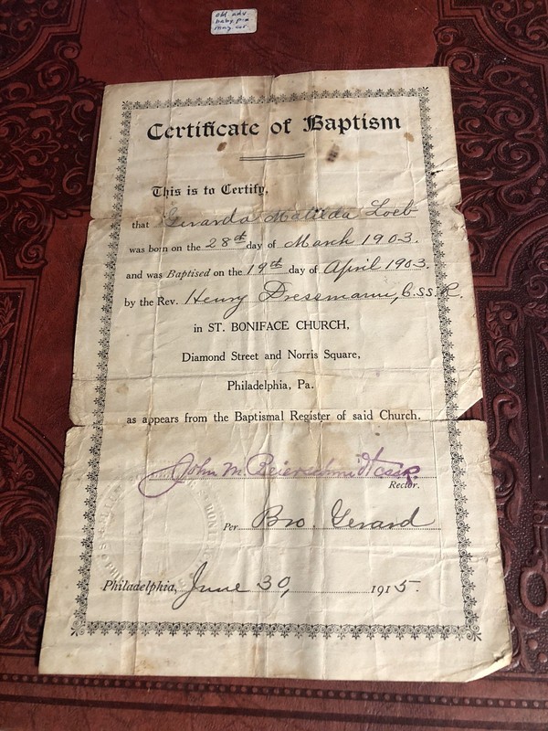 1915 Baptism Certificate St. Boniface Church~Philadelphia, PA~Gerarda Loeb