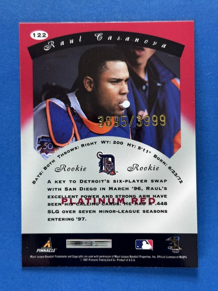 1997 Pinnacle Totally Certified #122 Raul Casanova Detroit Tigers #/3999 - Image 2 of 2