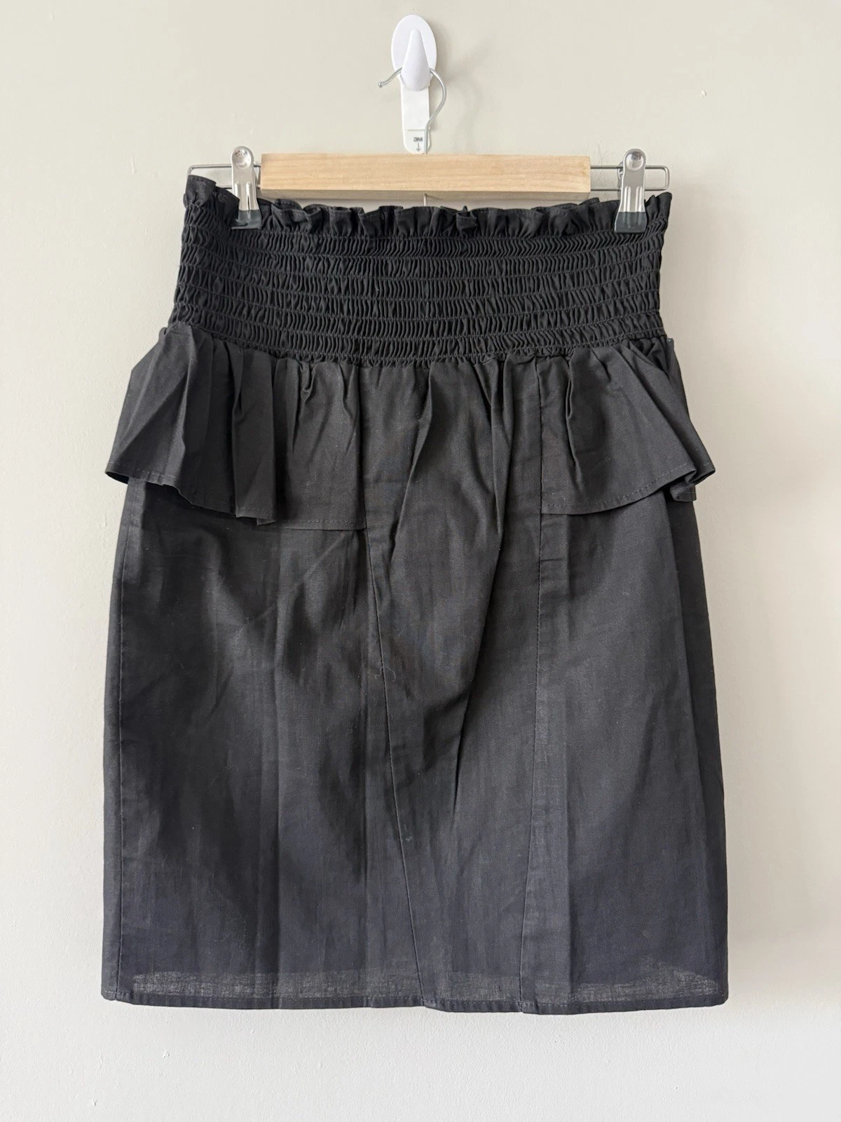 Vintage Black Mini Pencil Skirt Ruffled Peplum Overlay Smocked Elastic Band Sz 9