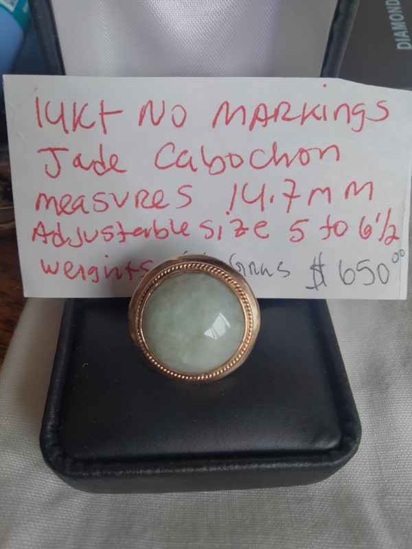 Vintage 14kt Large Green Jade Cabochon Gemstone Ring Size Adjustable 